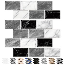 URCOLOR 10-Sheet Peel and Stick Backsplash Tile Sticker for Kitchen,12"x12" Self Adhesive Subway Wall Tiles Stick on Back Splashes for Bathroom White Gray Black White Marble Design