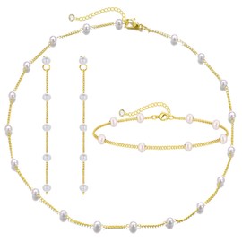 ElegGlo Gold Jewelry Set for Women,Dainty 14K Pearl Adjustable Jewelry Necklaces for Bride Bridesmaid Wedding Birthday Gifts Bracelet Pearl Drop Earrings Dainty Wedding Pearl Jewelry