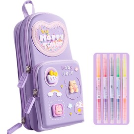 UINSUE Mini Backpack Pencil Case Art Marker Storage Canvas Makeup Pocket Small Gadget Bag Organizer Random Free of Highlighters (Bear Purple)