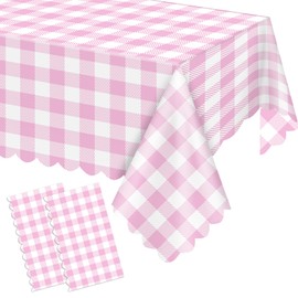 Ohkishly 2 Pack Pink Gingham Tablecloths, Pink and White Checkered Tablecloths Disposable Plastic Pink Plaid Table Cover for Outdoor Picnic, Holiday Dinner, Birthday Party