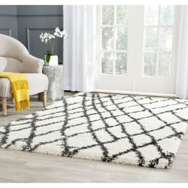 Safavieh Belize Shag Collection SGB484B Moroccan Boho Tribal 2-inch Thick Area Rug, 6'7" x 6'7" Square, Ivory / Charcoal