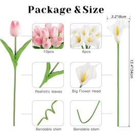 DEEMEI 16Pcs Artificial Pink Tulips & White Calla Lily Silk Fake Flowers 13.4" for Easter Mother's Day Home Kitchen Wedding Decorations
