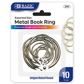BAZIC Products Loose Leaf Binder Ring, Assorted Sizes (1", 1 1/2", 2"), Book Rings Binder Rings, Nickel Plated Steel Metal Ring (10/Pack), 1-Pack