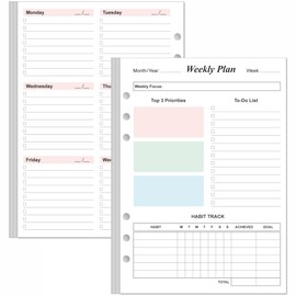 Weekly Planner Refills for A5 Binders - 53 Sheets/106 Pages Undated Colorful Weekly Planner, 6-Hole Punched, 100 gsm White Paper, Lasts 1 Year, Undated, 5.8" x 8.3"