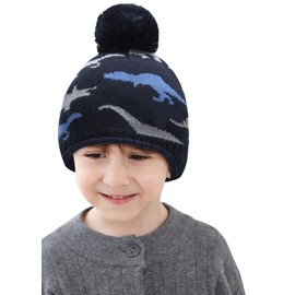 Malaxlx Baby Dinosaur Navy Blue Pom Pom Beanie Hat Winter Warm Kids Knitted Earflap Hat Fleece Lined Ski Skull Cap for 2-4 Years Boys Girls