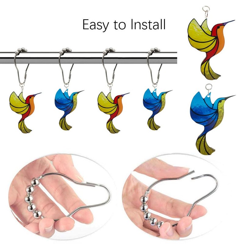 Hummingbird Shower Curtain Hooks Set of 12, Rust-Resistant Shower Ring