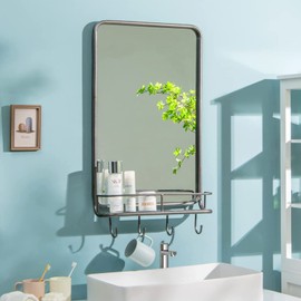 Tangkula 33" x 19" Rectangle Vintage Mirror, Wall Mirror w/Shelf & 4 Hooks, Metal Frame & Round Corner, Farmhouse Wall Mirror for Bathroom, Living Room, Entryway (Black &Coppery Speckles)