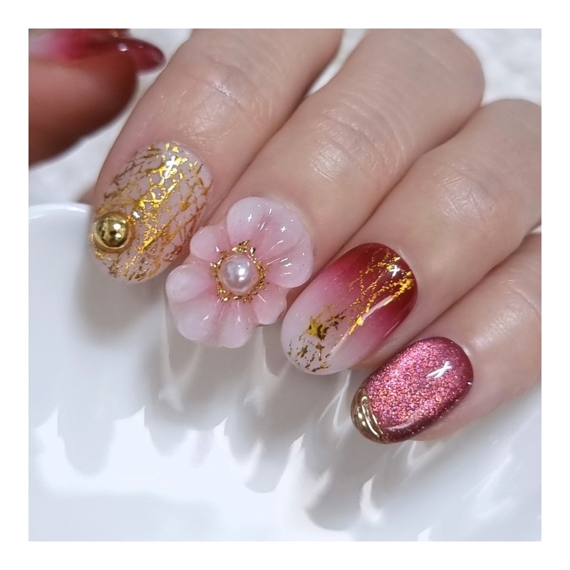 New Year's Honghwa Handmade Nail Tips - Stiletto / 신년홍화