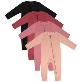 Jimonda Baby Footless Pajamas,Two Zip Closure Long Sleeve Romper,Infant Clothes Pjs 4 Pcs(Black&Red&Rosered&Sa,0-3 Months)