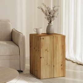 LITTLE TREE Solid Wood End Table, Square Side Table for Living Room, Fir Wood Couch Side Table, Natural Color
