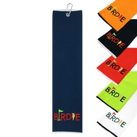 Ubrand Golden Birdie Tri-fold Microfiber Waffle Golf Towel with Carabiner Clip Navy Blue 16”X21”