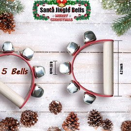 4 Pieces Christmas Hand Sleigh Bells, Wooden Handle Santa Hand Jingle Bells, Sturdy Loud Christmas Ringing Handheld Instrument for Families Xmas Party (Red)