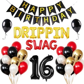 Dripping Swag 16 Birthday Decorations, 16th Birthday Decorations for Boys, Dripping Swag 16 Birthday for Boys Decorations,Drippin Swag 16 Party for Boy, Hip Hop 16 Banner Balloons Ideas Red Black Gold