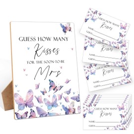 How Many Kisses Bridal Shower Games, Guess How Many Kisses For The Soon To Be Mrs, 1 Wooden Sign with 50 Cards, Butterfly Guessing Game for Wedding, Bachelorette Party Night, Engagement Decoration