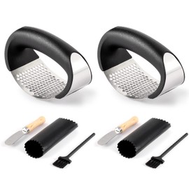 2 Pack Garlic Press Rocker, Stainless Steel Garlic Mincer with 2 Peelers, 2 Scrapers and 2 Brushes | Garlic Crusher Garlic Chopper for Smashing Garlic