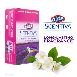 Clorox Scentiva Fabric Softener Dryer Sheets, Tuscan Lavender & Jasmine Scent - Wrinkle Reducing Scented Softening Laundry Dryer Sheets for Great Smelling Clothes, 105 Count