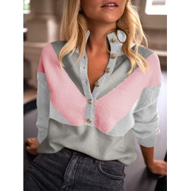 Saodimallsu Womens Color Block Sweaters Mock Neck Button Long Sleeve Knit Henley Shirts Loose Casual Pullover Tops Grey
