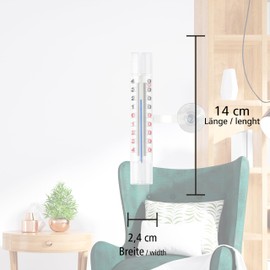 Lantelme Window Thermometer with Suction Cup | Plastic Long 14 cm x 2.4 cm, White | Analogue Temperature Display -44 °C to 40 °C | Thermometer with Suction Head for Outdoors, Windows, Window Frames