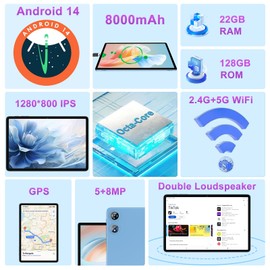 UJJ 2025 Android 14 Tablet 22GB RAM 128GB ROM 1TB Expand, 10 inch Tablets with Keyboard Mouse, Octa-Core, 8000mAh Battery, HD IPS Display, 5G WiFi, BT 5.0, GPS, Widevine L1, Split Screen - Metal Blue