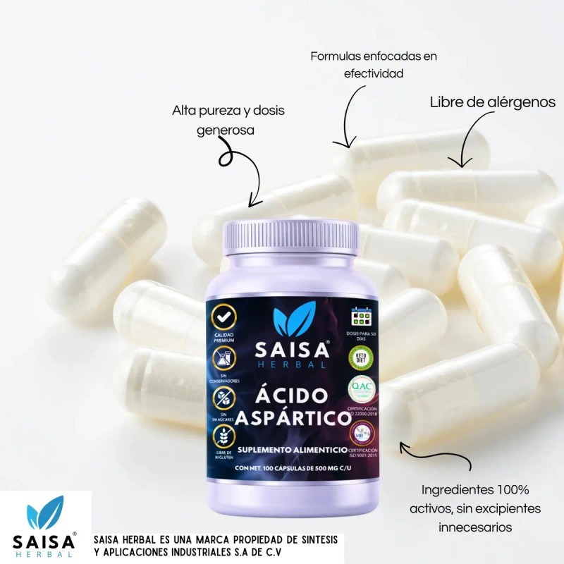 Ácido Aspártico 100 Cápsulas Saisa Herbal Suplemento Alimenticio Energía Vitalidad