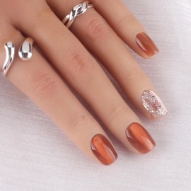 Handmade Nail Tips, Short Amber Color, Glitter 10 Pieces, Handmade, Luxurious, Cute, Simple, Stylish, Easy to Apply Gel Nail Tips (Amber, XS)