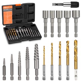 THINKWORK 16pcs Screw Extractor, Spiral Bolt Extractor Kit, Easy Out Left Hand Drill Bit Set, HSS Steel Cobalt Reverse Drill Bits for Stripped, Broken, Rusted, Rounded Screws, Bolts, Nuts, Fasteners