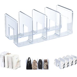 Elezeal Bookends for Shelves, 4 Compartments Acrylic Desk File Folder Organizer Bookcase Filing Shelf Folder Non-Slip Kitchen Cooking Holder for Books, CDs, Office, Home and School (Pack of 1)