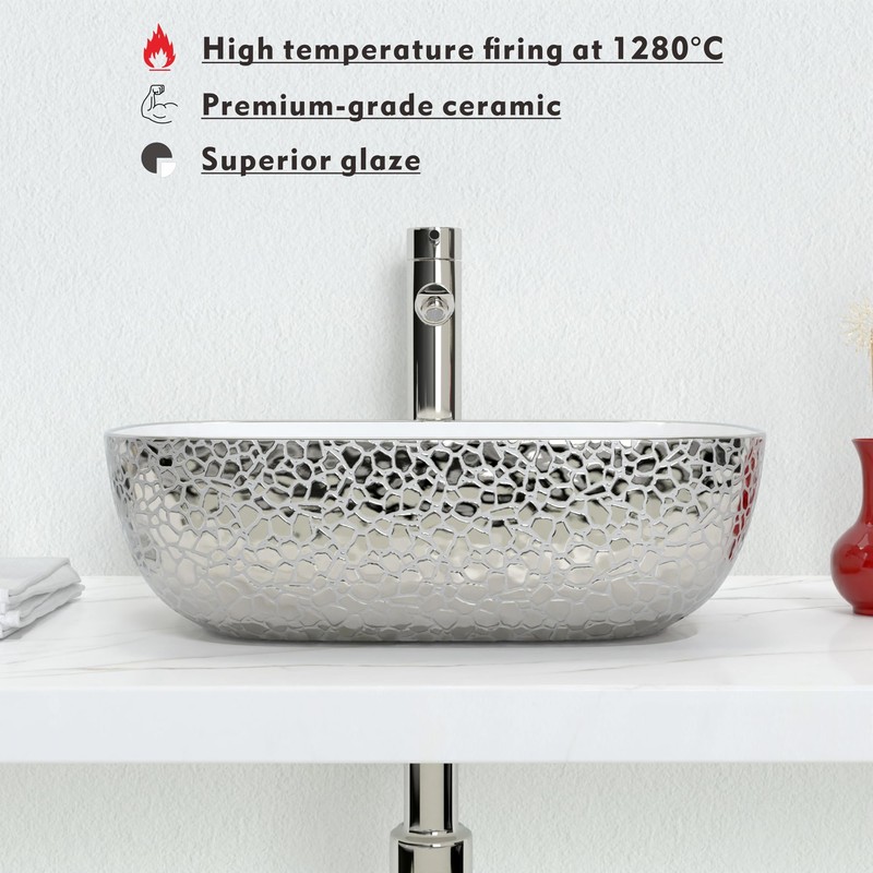 J-FAMILY 18.3'' x 13'' Bathroom Vessel Sink Leopard Texture Silver