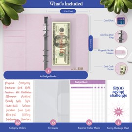 SOUL MAMA Budget Binder with Cash Envelopes - Holographic Money Organizer for Cash, A6 Binder Cash Envelopes for Budgeting, Money Saving Binder with Rose Gold Stickers