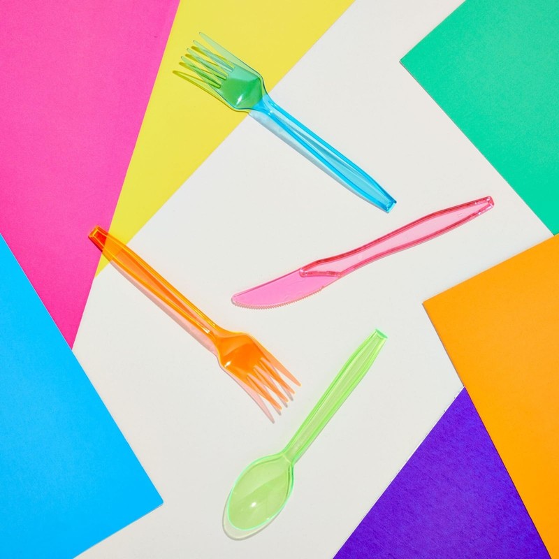 Juvale Rainbow Plastic Silverware Set - Disposable Neon Party Utensils