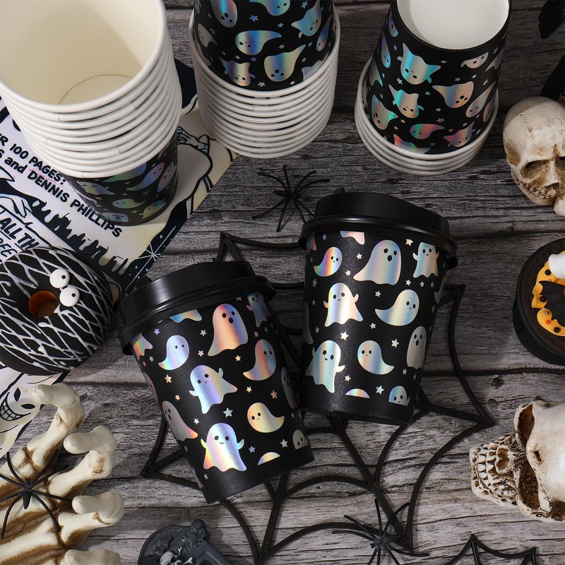 50 Set Halloween Disposable Coffee Cup & Lid, 8oz Holographic