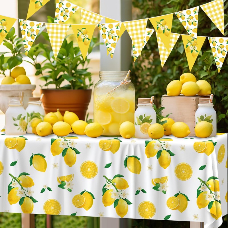 4 Pcs Lemon Party Decoration Lemonade Tablecloth Lemon Triangle Banners