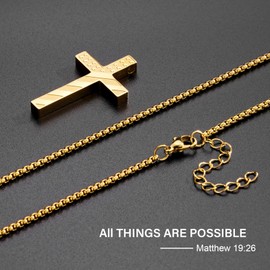 Lydow Cross Necklace for Men Boys Gold American Flag Bible Verse Stainless Steel Pendant Religious Christian Jewelry Gifts Teen Son Him 8-12 Confirmation First Communion Baptism Catholic 19:26