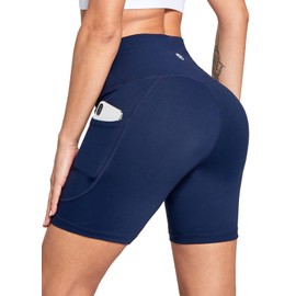 BALEAF - Pantalones cortos de motociclista de cintura alta de 6 pulgadas y 8 pulgadas con bolsillos para gimnasio, entrenamiento, yoga, correr, atletismo, Azul oscuro, M