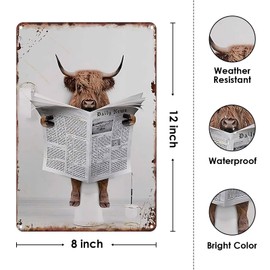 Metal Tin Sign Vintage Highland Cow Toilet Reading Newspaper Humour Funny Animal Whimsy Animal for Home, Bathroom and Toilet Wall Decor 12x8 Inches