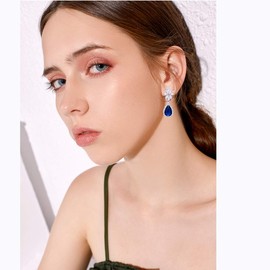 Blue Sapphire Crystal Dangle Earrings - Sterling Silver Teardrop CZ Cubic Zirconia Rhinestone Floral Cluster Drop Earrings for Wedding Party Prom Bride Bridesmaids Women
