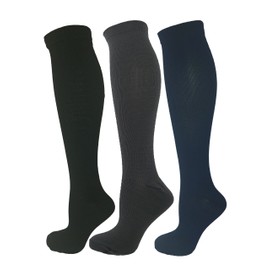 3 Pair Small/Medium Ladies Compression Socks, Moderate/Medium Compression 15-20 mmHg. Therapeutic, Occupational, Travel & Flight Knee-High Socks. Colors: Black/Grey/Navy Blue.
