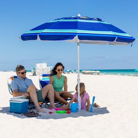 AMMSUN 8 Feet Large Beach Umbrella with Sand Anchor Heavy Duty High Wind Portable Outdoor Umbrellas UPF 50+ Protection Air Vent Tilt Patio Garden Pool Blue Stripe