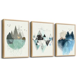Natural Wood Framed Wall Art For Living Room Wall Decoration For Bedroom Abstract Geometry Wall Pictures Office Wall Decor Abstract Wall Paintings Home Decor 12"X16" Set of 3 Piece Framed Art Prints