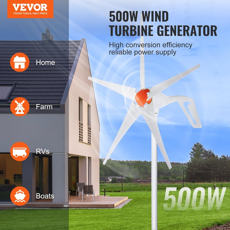 VEVOR 500W Wind Turbine Generator, 12V Wind Turbine Kit, 5-Blade
