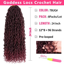 RuiYok Goddess Locs Crochet Hair 24 Inch 8 Packs Ombre Faux Locs Crochet Hair with Curly Ends Pre-looped River Locs Crochet Hair Boho Hippie Locs Synthetic Hair Extensions(#TBUG)