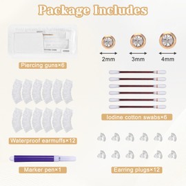 Hoohnnaa 37Pcs Disposable Ear Piercing Kit, Self Ear Piercing Gun Kit with Hypoallergenic Cubic Zirconia Stainless Steel Studs for Women, at Home Ear Piercing Kit (Gold-2/3/4mm-Cubic Zirconia)