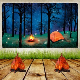 Camping Forest Scene Backdrops Campfire Centerpiece Artificial Fire Party Decoration for Camping Theme Party Birthday Party Baby Shower 3D Decorative Cardboard Camping Background 6.1 x 3.6 FT