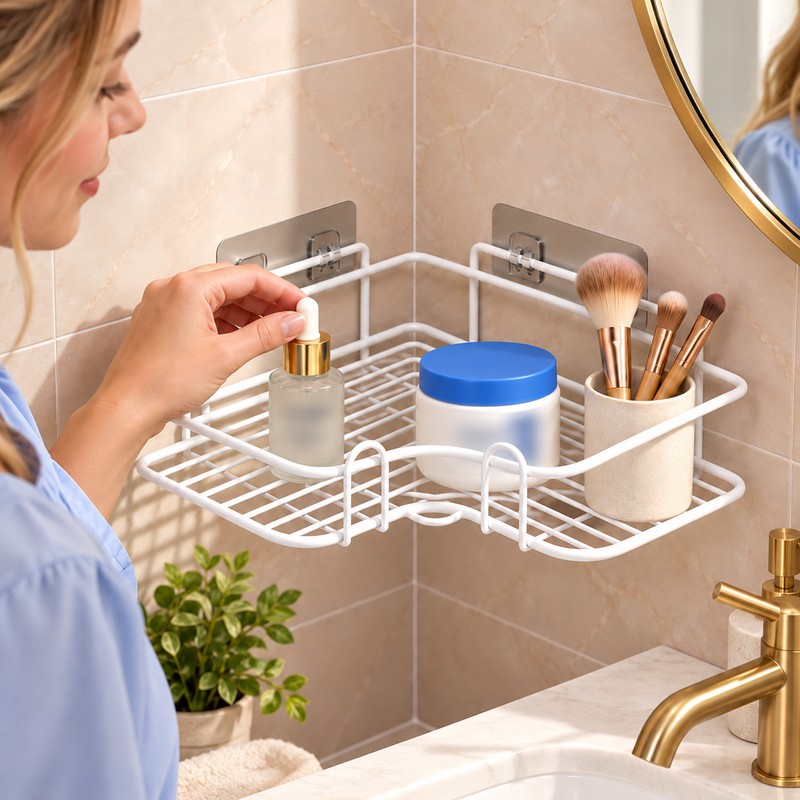 1PC Wall Mounted Non-Perforated Metal Triangle Storage Rack for Bathroom
