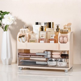 Anyoifax Makeup Organizer Countertop with Large Drawers, Vanity Organizer with Brush Holder, Skin Care Stroage for Dresser, Perfume Organizer for Lotion, Lipsitck, Palettes, Beige