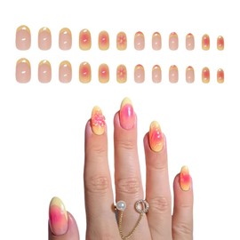 OUDQFCJ 24 Stück Press on Nails French Tip Falsche Nägel mit Design 3D Blume Stick on Nägel Glanz Kleben Nägel Acrylnägel (Kurz Mandeln) (Gelb & Rosa)