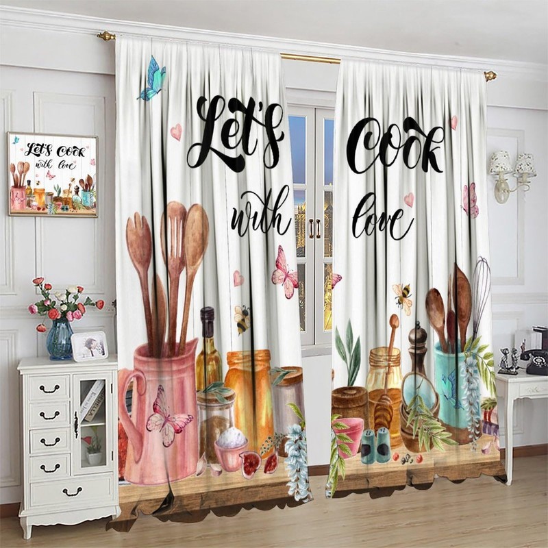 Djaby Retro Farmhouse Kitchen Curtains, Rustic Funny Quotes Colorful Spoons