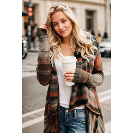 GOLDSTITCH Women's Open Front Knited Loose Crew Neck Fringe Sweater Outwear Beige L