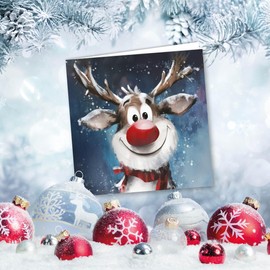 Charity Christmas Cards Pack of 32. Each Christmas Card multipack has 4 different Funky Reindeer designs. Ecofriendly and UK made. Verse Inside. Small 100 x 100mm card size.