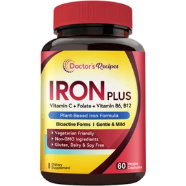 Doctor's Recipes Iron Supplement, Iron Bisglycinate with Vitamin C, B6, Folate & B12, Non-Constipating, Stomach Friendly, Gentle Iron Pills, 60 Vegan Caps